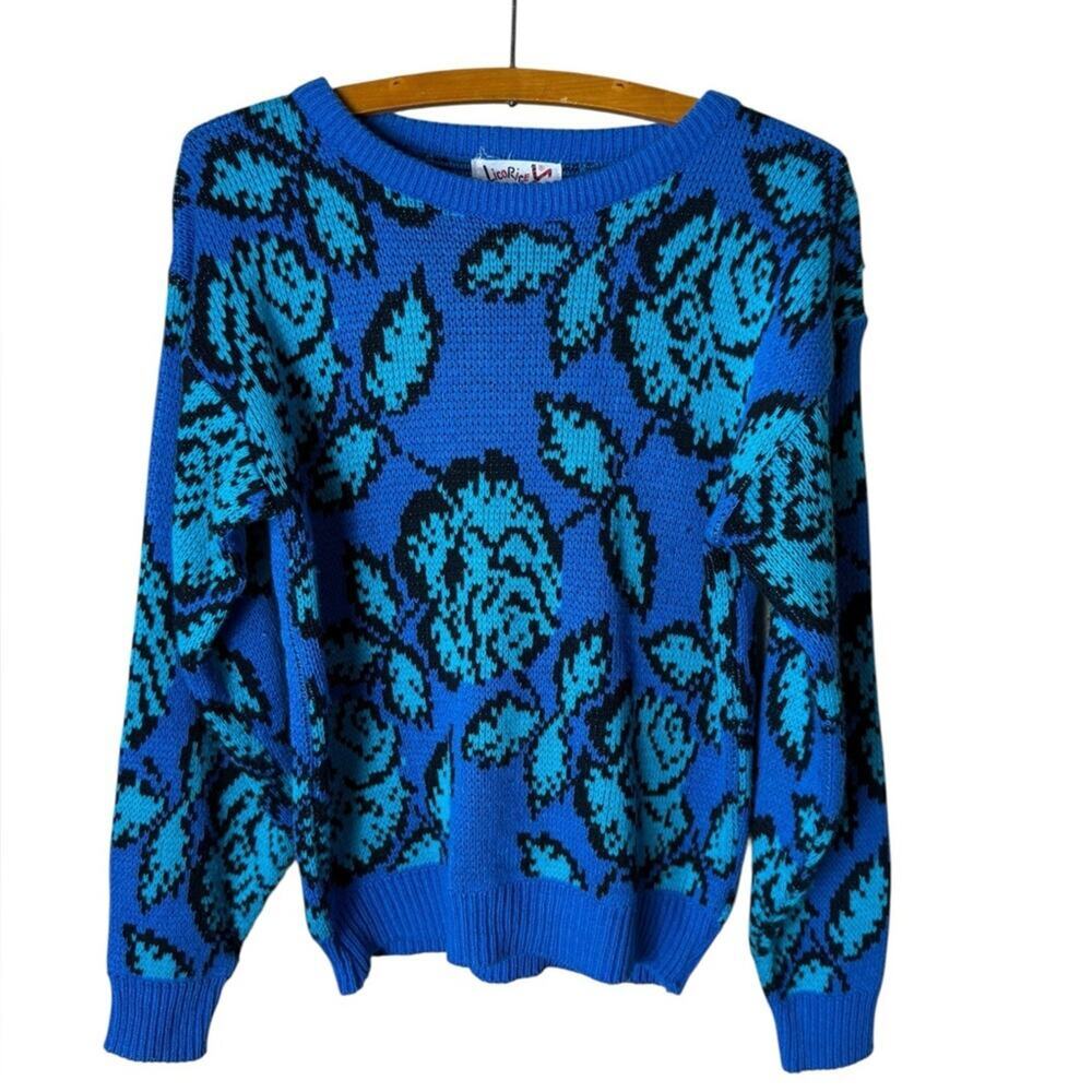 Vtg Licorice Women’s Sz Medium Blue Acrylic Sweater Printed